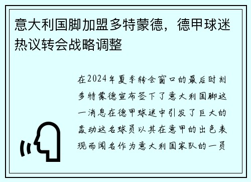 意大利国脚加盟多特蒙德，德甲球迷热议转会战略调整