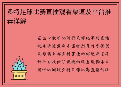 多特足球比赛直播观看渠道及平台推荐详解